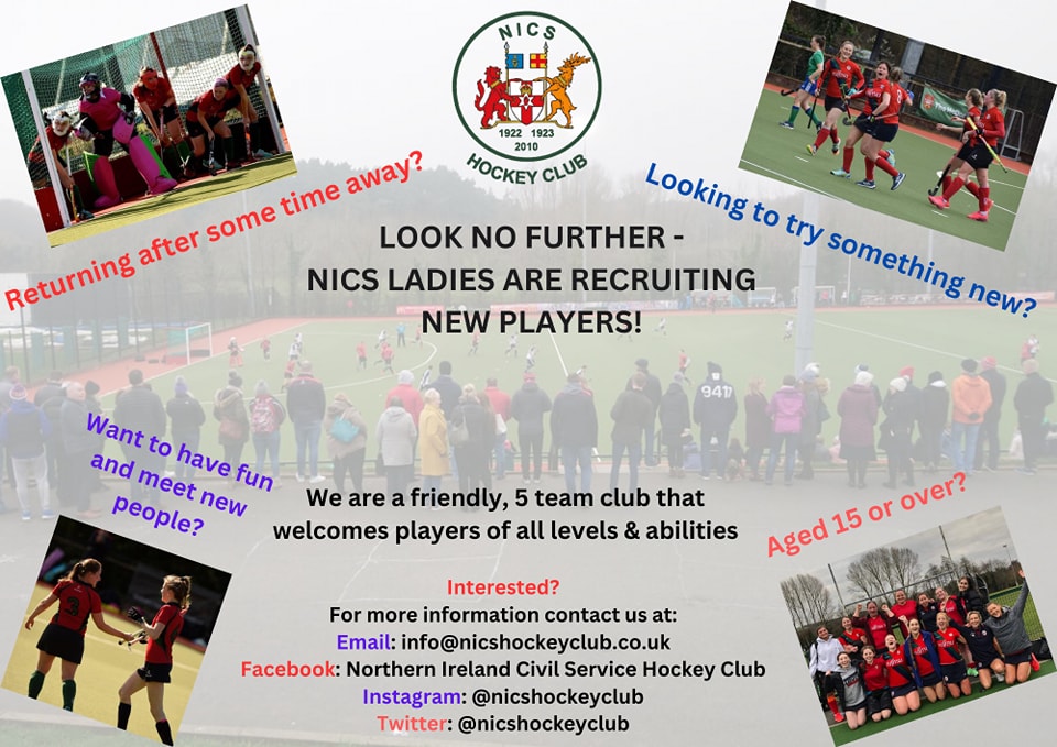 Look no further, NICS Ladies are recruiting new players... Returning after some time away, looking to try something new, Want to have fun and meet new people. For mor information coact NICS Hockey Club in Belfast
